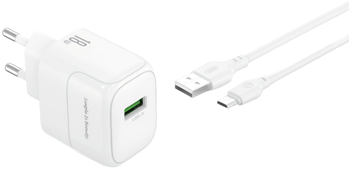 Мрежов заряден уред с microUSB кабел XO Design L135, 18W, 3A, 1 x USB-A, Бял