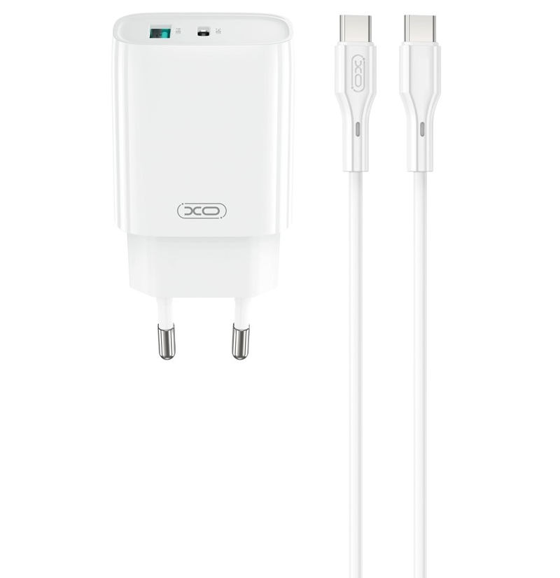 Зарядно устройство за мрежа с кабел USB-C XO Design CE30, 30W, 3A, 1 x USB-A - 1 x USB-C, Бяло