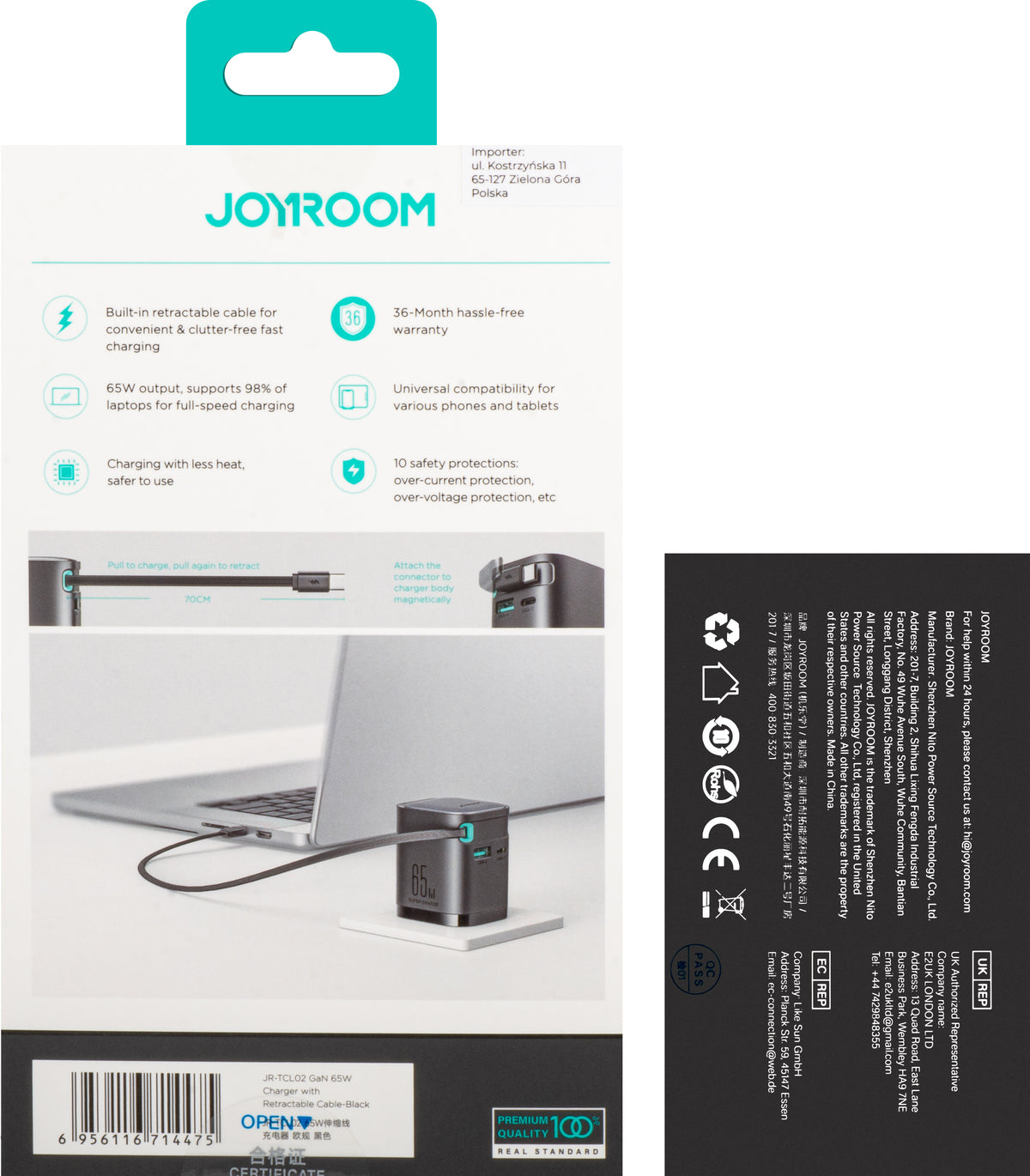 Joyroom JR-TCL02 USB-C кабелно мрежово зарядно устройство JR-TCL02, 65W, 3A, 1 x USB-A - 1 x USB-C, черно