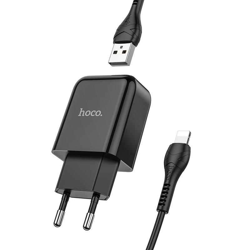 Зарядно за мрежа с кабел Lightning HOCO N2, 10W, 2A, 1 x USB-A, Черно