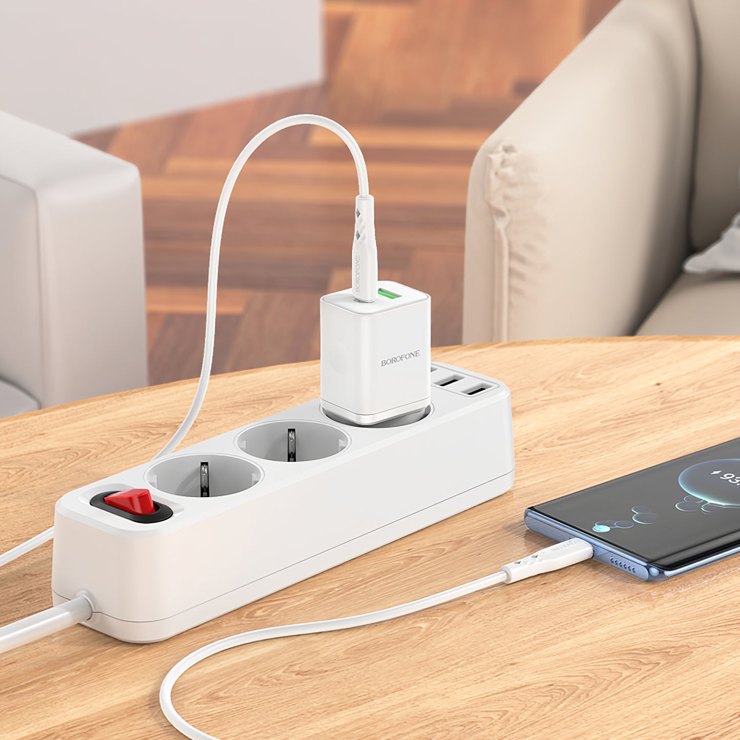 Мрежово зарядно устройство с USB-C кабел Borofone BN7, 20W, 3A, 1 x USB-A - 1 x USB-C, бяло
