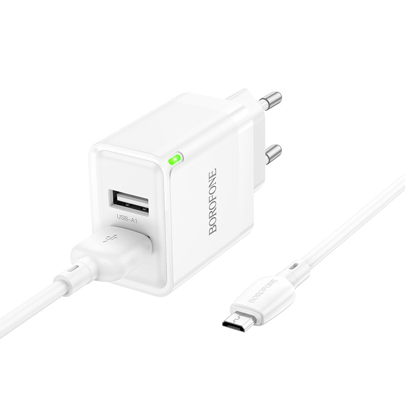 Мрежово зарядно устройство с microUSB кабел Borofone BN15 Strong, 10.5W, 2.1A, 2 x USB-A, бяло