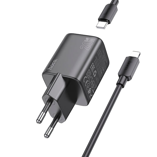 Мрежово зарядно устройство с Lightning кабел HOCO N40, 20W, 3A, 1 x USB-C, черно