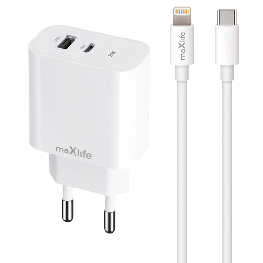 MaXlife MXTC-06-20AC Мрежово зарядно устройство MaXlife MXTC-06-20AC с Lightning кабел, 20W, 3A, 1 x USB-A - 1 x USB-C, бяло