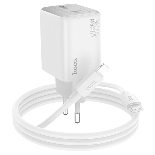 Мрежово зарядно устройство с Lightning кабел HOCO N42, 45W, 3A, 2 x USB-C, бяло