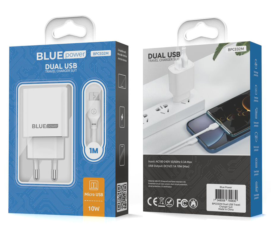 Blue Power BPCE02M Мрежово зарядно устройство с microUSB кабел BPCE02M, 10,5W, 2,1A, 2 x USB-A, бяло