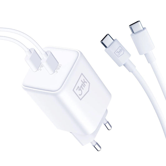 Мрежово зарядно устройство 3MK HyperCharger с USB-C кабел, 45W, 3A, 2 x USB-C, бяло