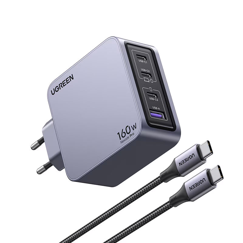 Зарядно устройство за мрежа с кабел USB-C UGREEN X763 Nexode Pro, 160W, 3.25A, 1 x USB-A - 3 x USB-C, Сиво
