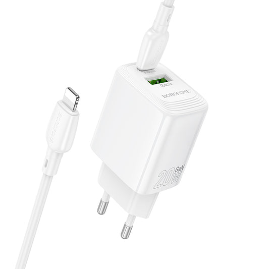Network Charger with Lightning Cable Borofone BN27 Fuente, 20W, 3A, 1 x USB-A - 1 x USB-C, White