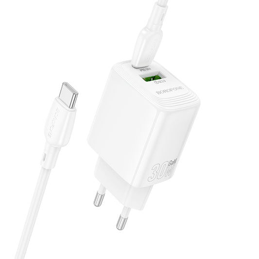 Зарядно за мрежа с USB-C кабел Borofone BN29 Fuente, 30W, 3A, 1 x USB-A - 1 x USB-C, Бяло