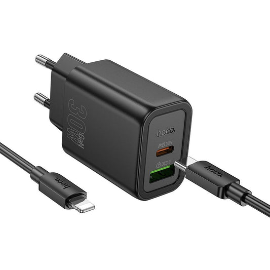 Зарядно за мрежа с кабел Lightning HOCO N63, 30W, 3A, 1 x USB-A - 1 x USB-C, Черно