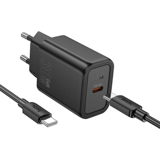 Мрежов зарядно с USB-C кабел HOCO N62, 30W, 3A, 1 x USB-C, Черно