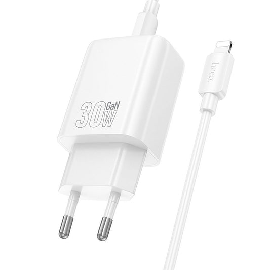 Зарядно за мрежа с кабел Lightning HOCO N62, 30W, 3A, 1 x USB-C, Бяло
