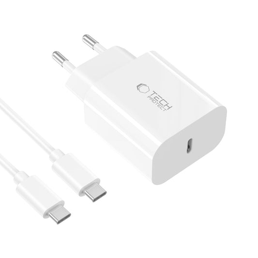 Зарядно за мрежа с USB-C кабел Tech-Protect NC20W, 20W, 3A, 1 x USB-C, Бяло
