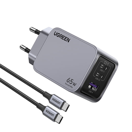 Мрежово зарядно устройство с USB-C кабел UGREEN X755 Nexode Pro, 65W, 3A, 1 x USB-A - 2 x USB-C, Сиво