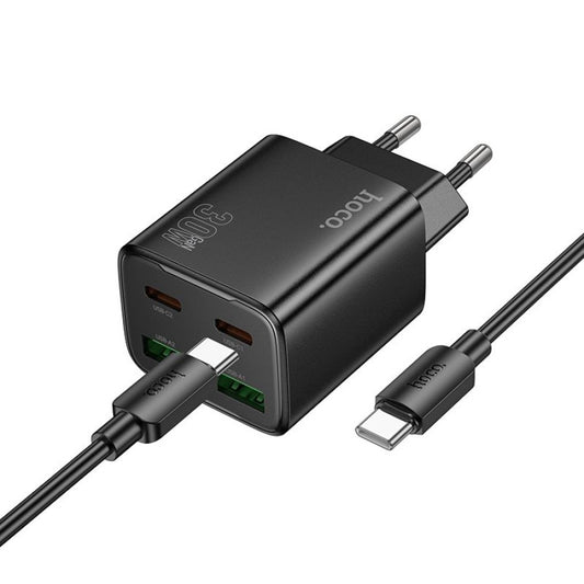 Зарядно за мрежа с кабел USB-C HOCO N56, 30W, 3A, 2 x USB-A - 2 x USB-C, Черно