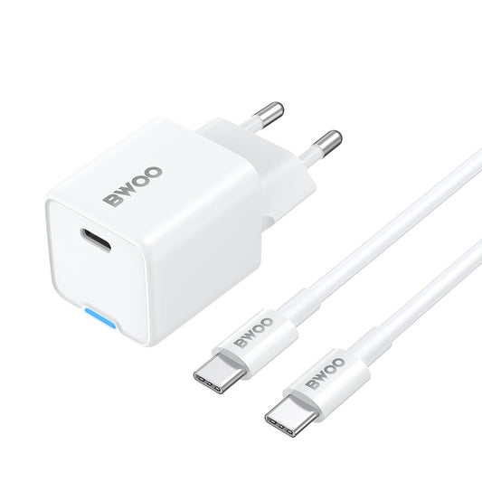 Зарядно за мрежа с USB-C кабел BWOO CDA211, 30W, 3A, 1 x USB-C, Бяло