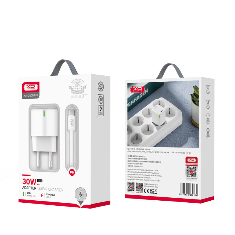 Мрежов заряден уред с USB-C кабел XO Design CE06, 30W, 3A, 1 x USB-C, Бял