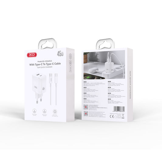 Мрежов заряден уред с USB-C кабел XO Design CE36, 45W, 3A, 1 x USB-A - 1 x USB-C, Бял