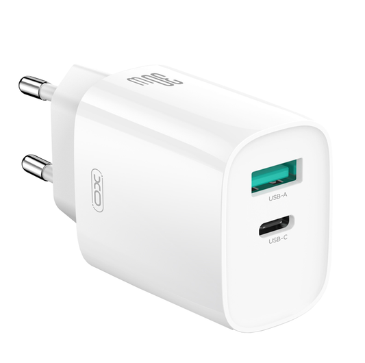 Зарядно устройство за мрежа с кабел Lightning XO Design CE30, 30W, 3A, 1 x USB-A - 1 x USB-C, Бяло