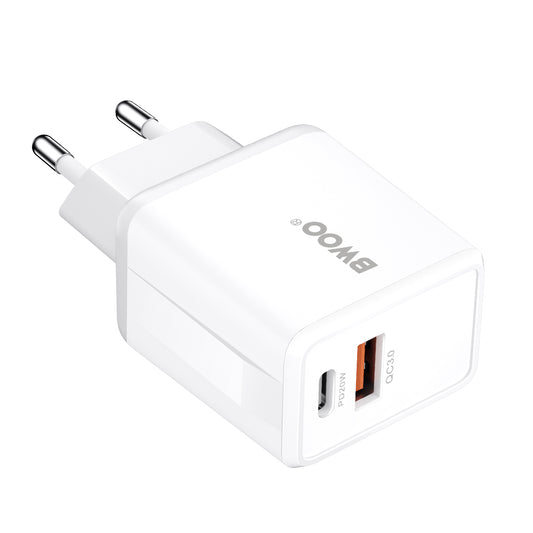 Мрежово зарядно устройство с USB-C кабел BWOO CDA182, 38W, 3A, 1 x USB-A - 1 x USB-C, Бяло