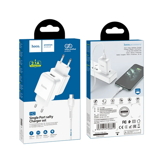 Зарядно за мрежа с кабел microUSB HOCO N3, 18W, 3A, 1 x USB-A, Бяло