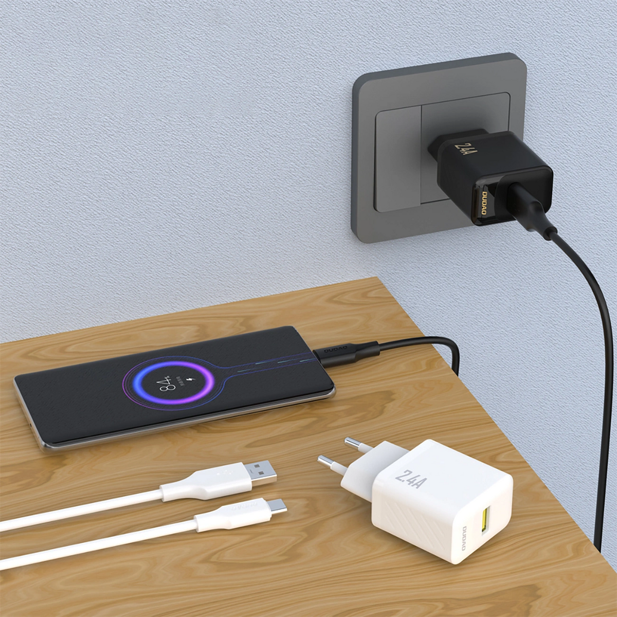 Зарядно устройство с мрежов кабел USB-C Dudao A23TEU, 12W, 2.4A, 1 x USB-A, черно