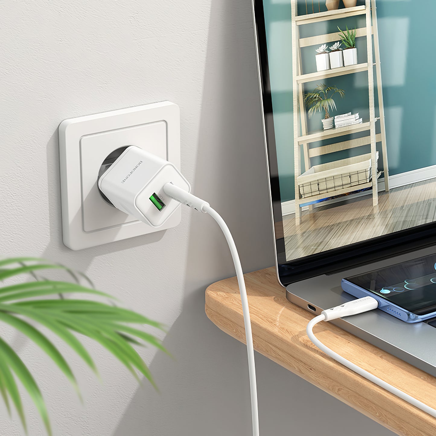 Мрежово зарядно устройство с USB-C кабел Borofone BN7, 20W, 3A, 1 x USB-A - 1 x USB-C, бяло
