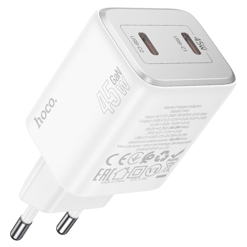 Мрежово зарядно устройство с Lightning кабел HOCO N42, 45W, 3A, 2 x USB-C, бяло