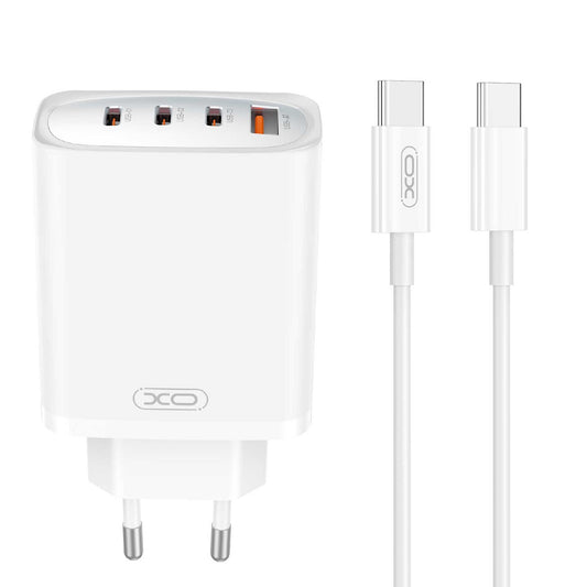 Мрежово зарядно устройство с USB-C кабел XO Design CE23, 65W, 3,25A, 1 x USB-A - 3 x USB-C, бяло