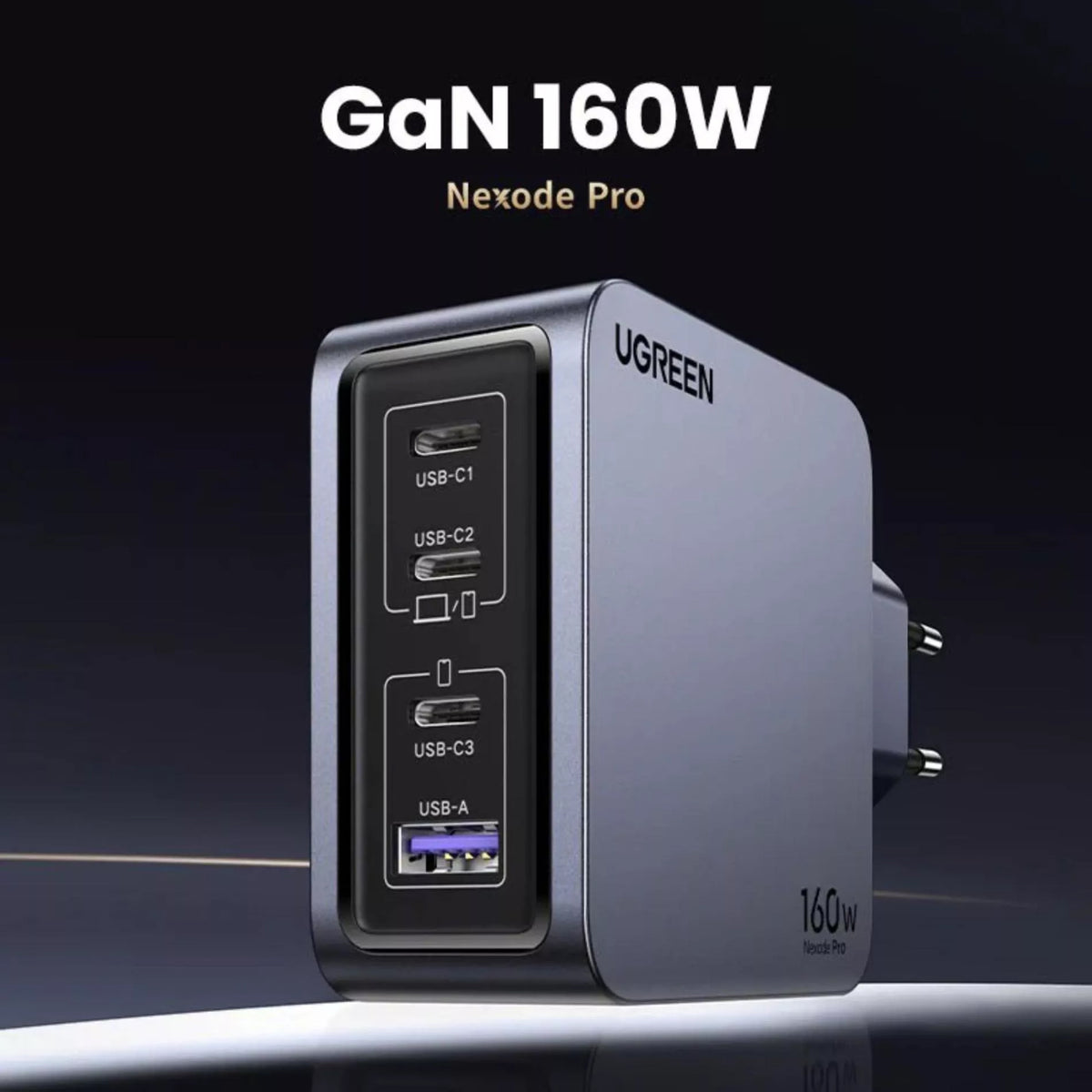 Зарядно устройство за мрежа с кабел USB-C UGREEN X763 Nexode Pro, 160W, 3.25A, 1 x USB-A - 3 x USB-C, Сиво