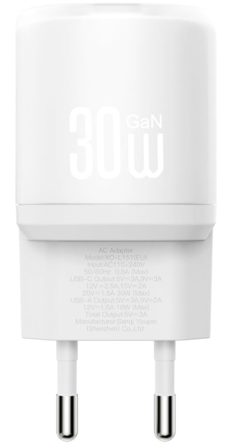 Зарядно за мрежа с кабел USB-C XO Design L151, 30W, 3A, 1 x USB-A - 1 x USB-C, Бяло