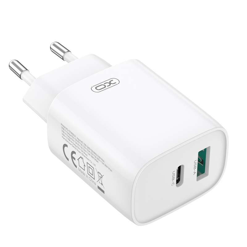 Зарядно устройство за мрежа с кабел USB-C XO Design CE30, 30W, 3A, 1 x USB-A - 1 x USB-C, Бяло