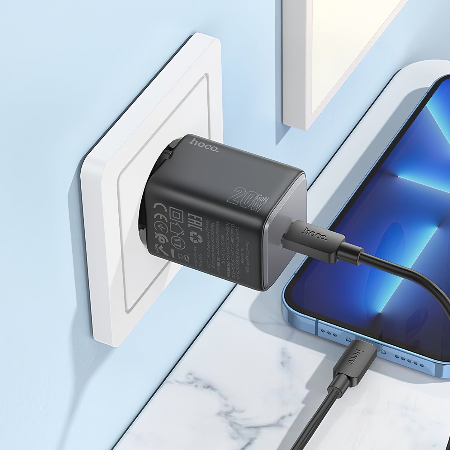 Мрежово зарядно устройство с Lightning кабел HOCO N40, 20W, 3A, 1 x USB-C, черно
