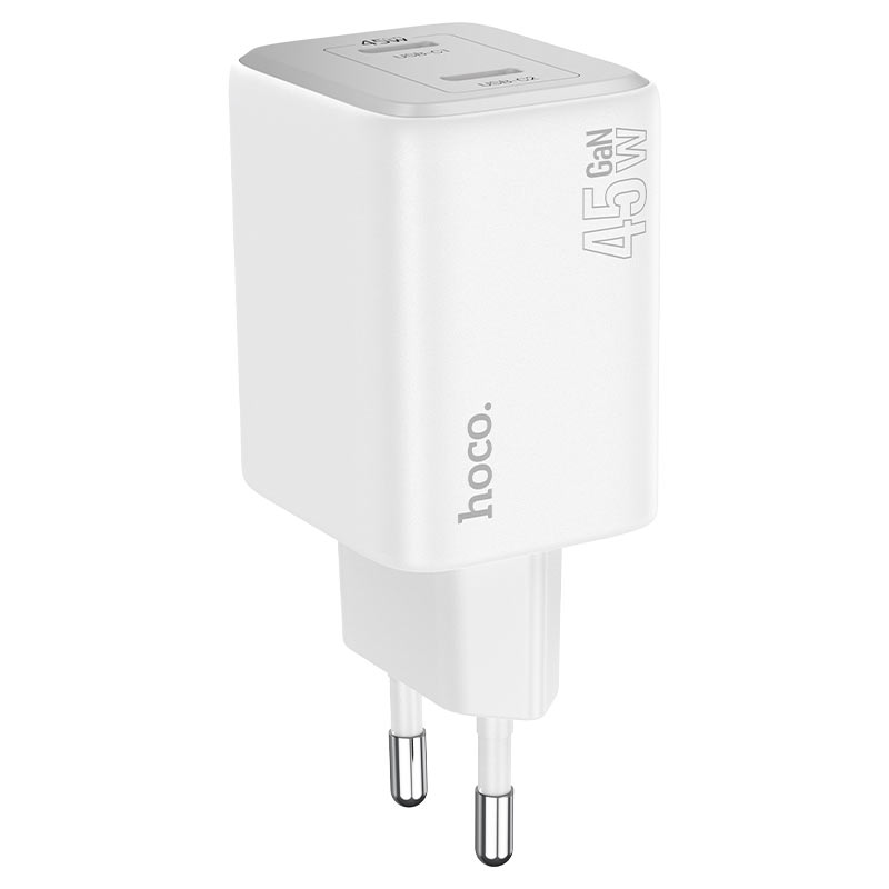 Мрежово зарядно устройство с Lightning кабел HOCO N42, 45W, 3A, 2 x USB-C, бяло