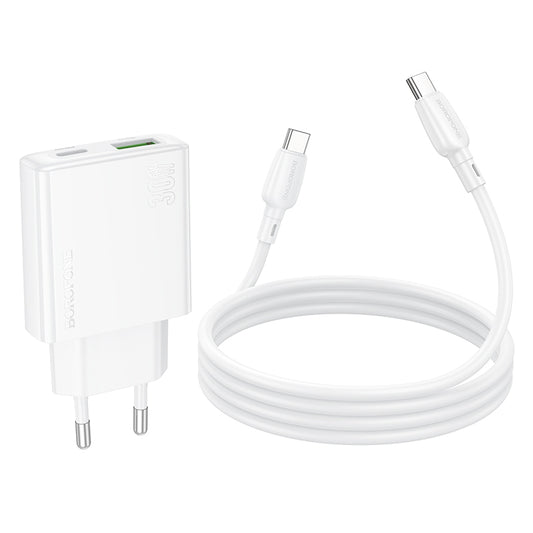 Мрежово зарядно устройство с USB-C кабел Borofone BN25 Wish, 30W, 3A, 1 x USB-A - 1 x USB-C, бяло