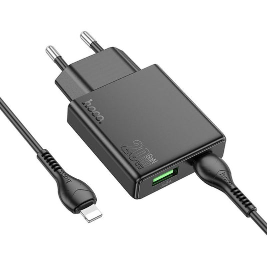 Мрежово зарядно устройство с кабел Lightning HOCO N38, 20W, 3A, 1 x USB-A - 1 x USB-C, Черно