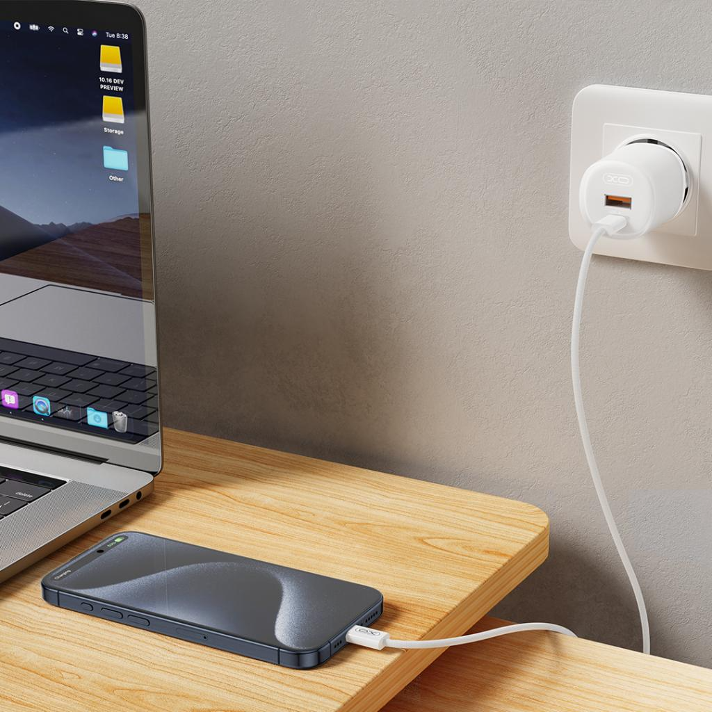 Зарядно за мрежа с кабел USB-C XO Design L151, 30W, 3A, 1 x USB-A - 1 x USB-C, Бяло