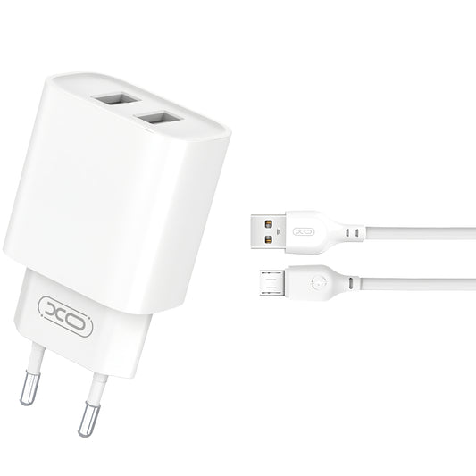 Мрежово зарядно устройство с microUSB кабел XO Design CE02C, 10.5W, 2.1A, 2 x USB-A, бяло