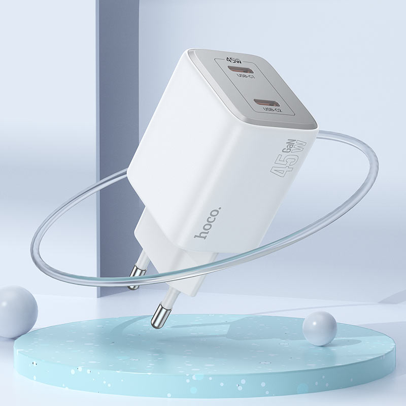 Мрежово зарядно устройство с Lightning кабел HOCO N42, 45W, 3A, 2 x USB-C, бяло