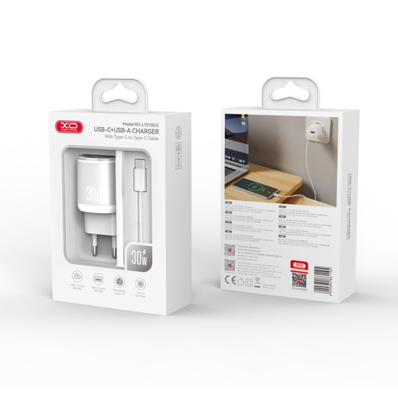 Зарядно за мрежа с кабел USB-C XO Design L151, 30W, 3A, 1 x USB-A - 1 x USB-C, Бяло