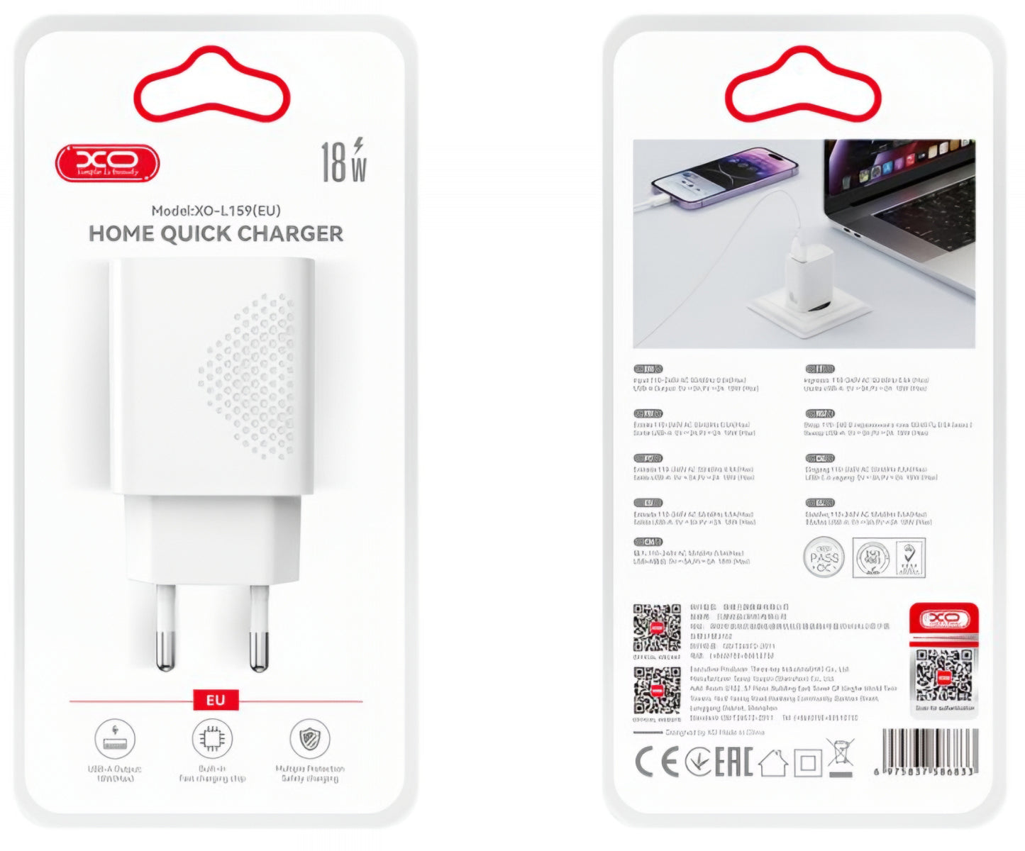 Мрежов заряден уред с microUSB кабел XO Design L159, 18W, 3A, 1 x USB-A, Бял