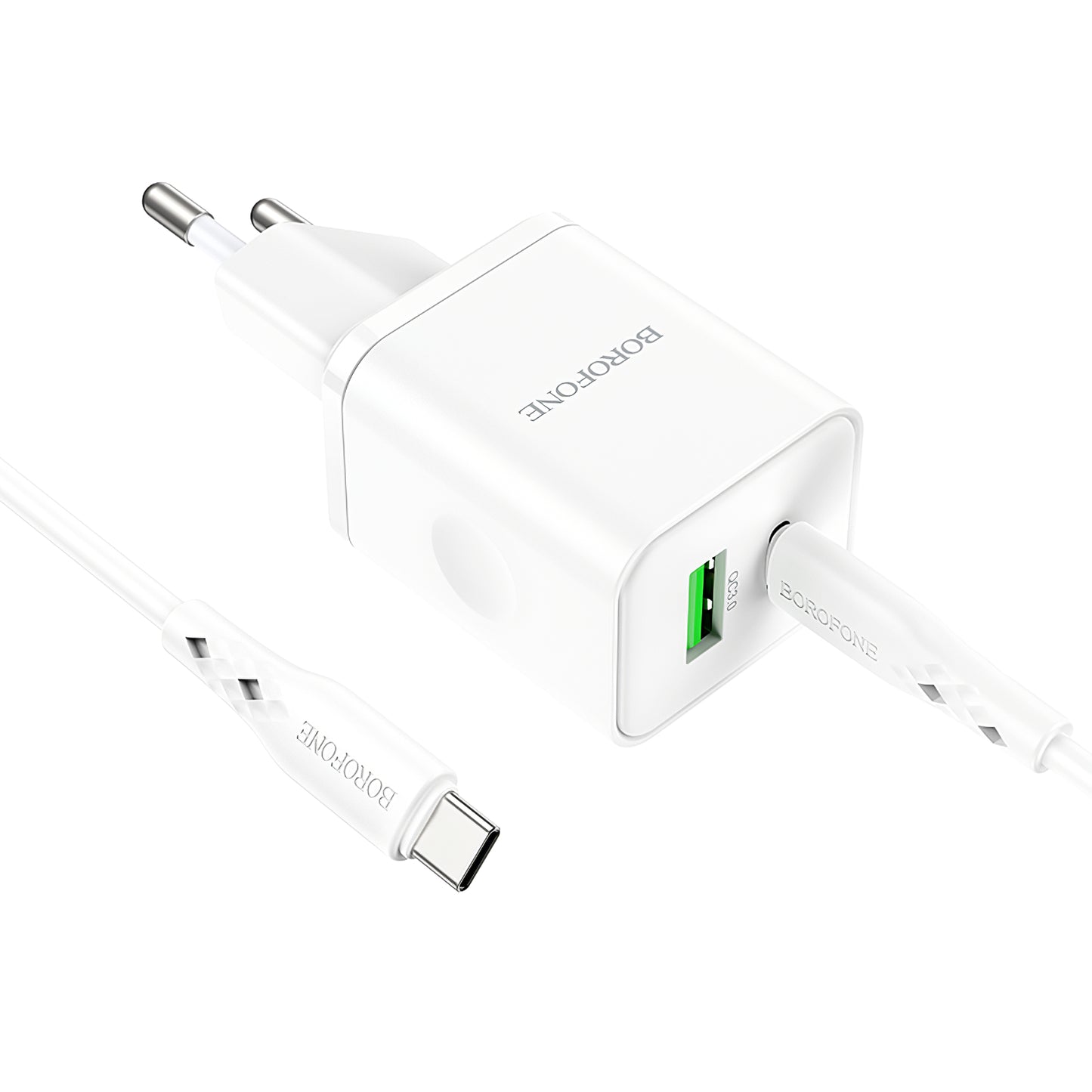 Мрежово зарядно устройство с USB-C кабел Borofone BN7, 20W, 3A, 1 x USB-A - 1 x USB-C, бяло