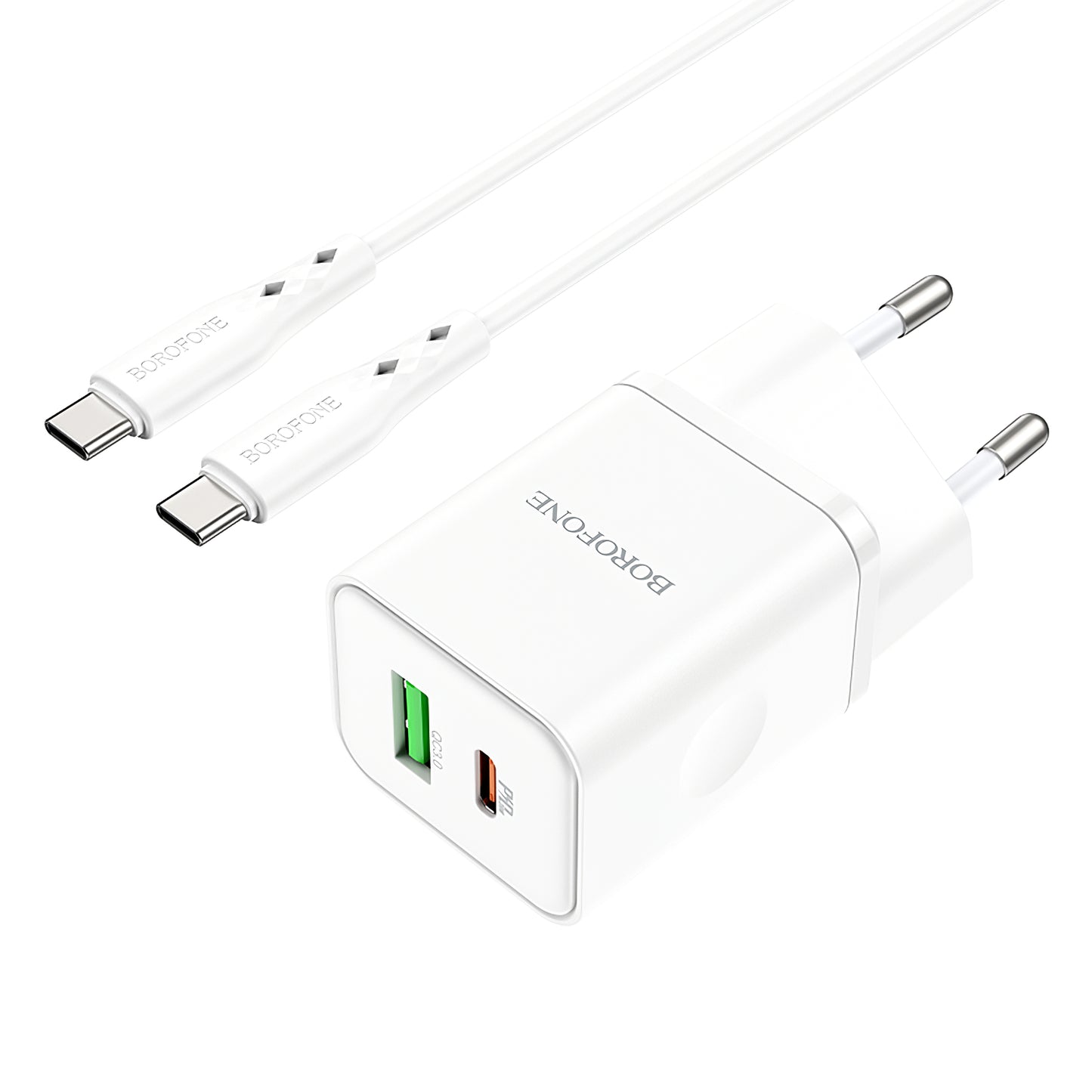 Мрежово зарядно устройство с USB-C кабел Borofone BN7, 20W, 3A, 1 x USB-A - 1 x USB-C, бяло
