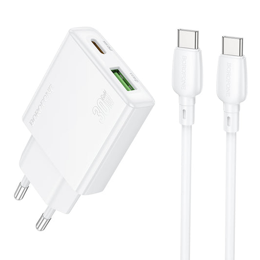Мрежово зарядно устройство с USB-C кабел Borofone BN25 Wish, 30W, 3A, 1 x USB-A - 1 x USB-C, бяло