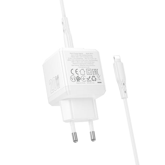 Мрежово зарядно устройство с кабел Lightning Borofone BN19 Intenso, 20W, 3A, 1 x USB-A - 1 x USB-C, Бяло
