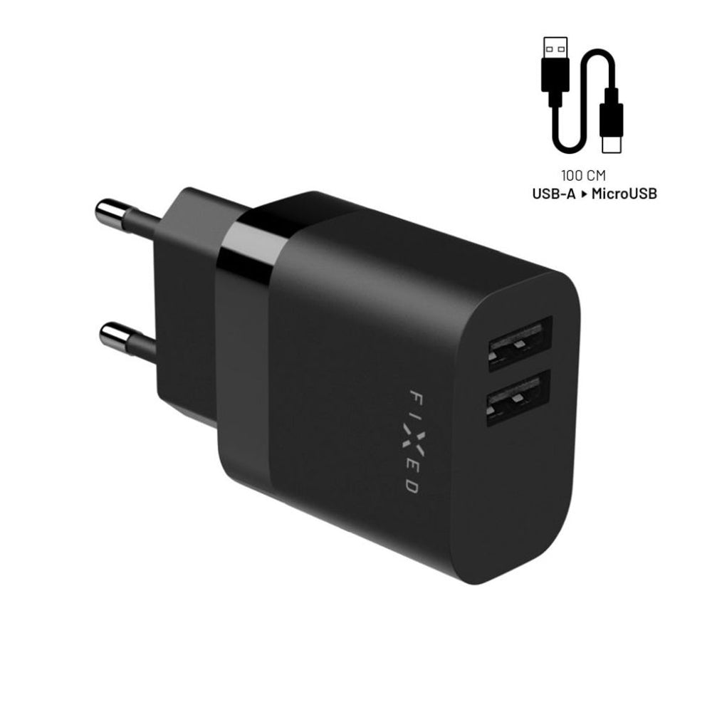 Зарядно за мрежа с microUSB кабел Fixed, 17W, 3A, 2 x USB-A, Черно