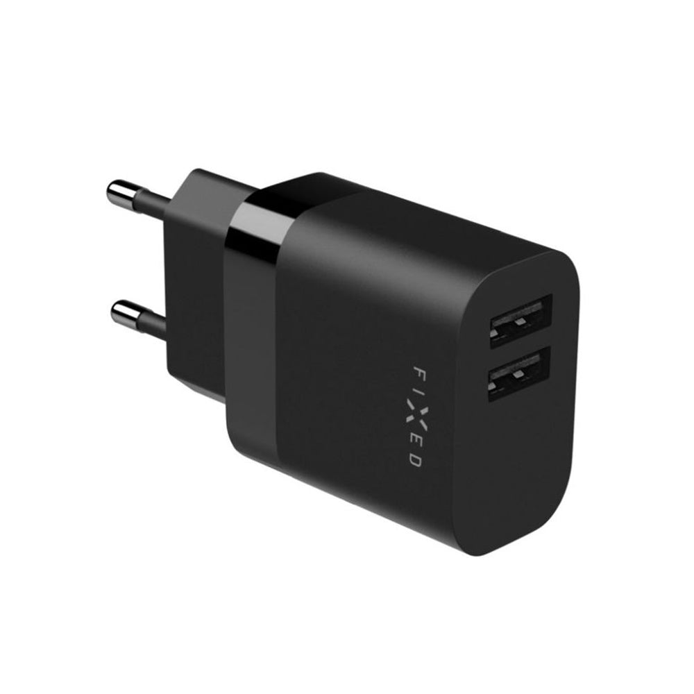 Зарядно за мрежа с microUSB кабел Fixed, 17W, 3A, 2 x USB-A, Черно