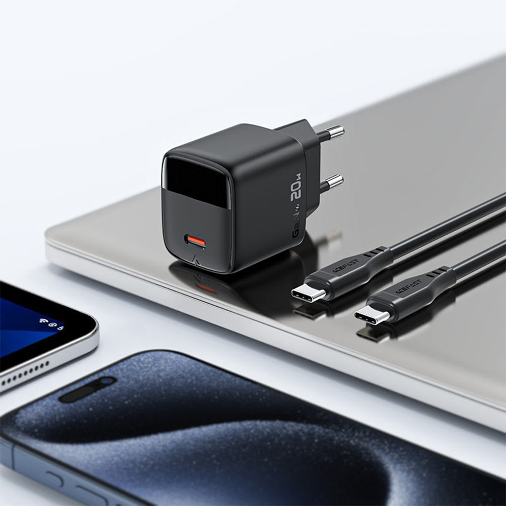 Мрежово зарядно устройство с USB-C кабел Acefast A113 Display, 20W, 3A, 1 x USB-C, Черно