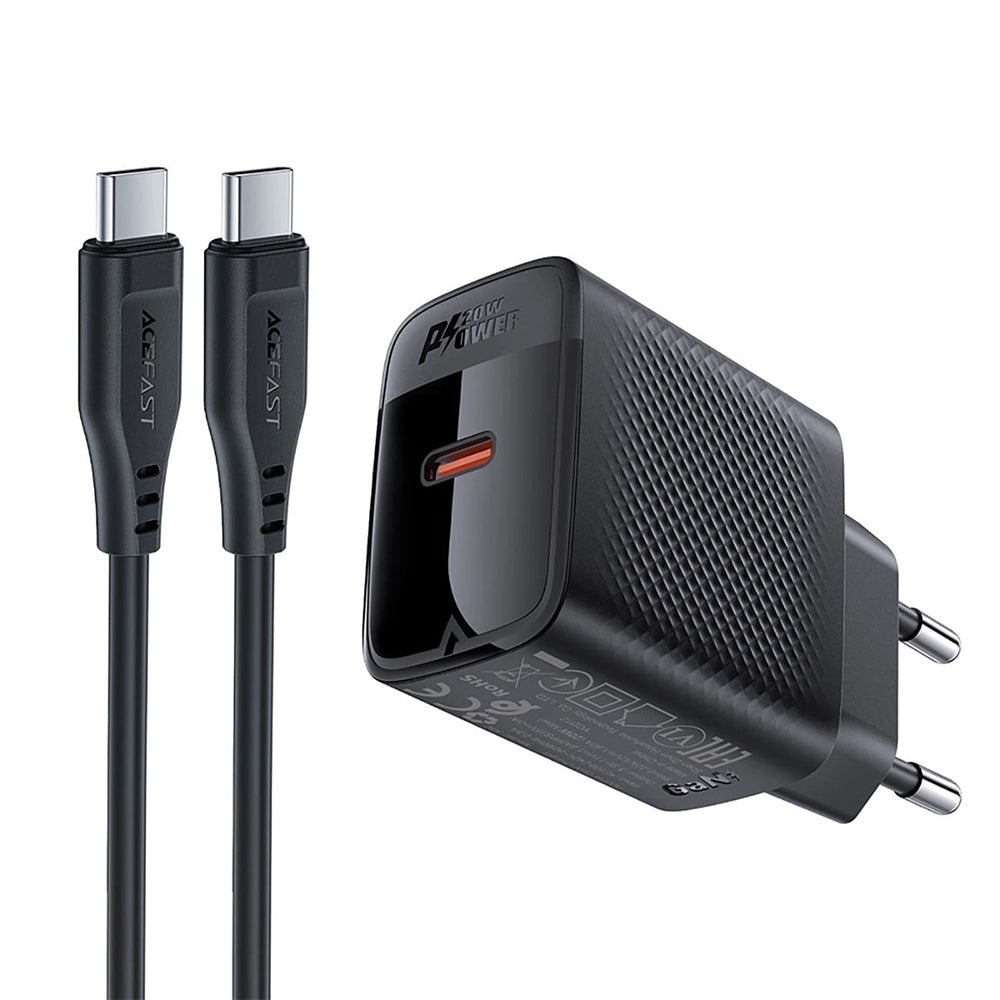 Мрежово зарядно устройство с USB-C кабел Acefast A82, 20W, 3A, 1 x USB-C, Черно
